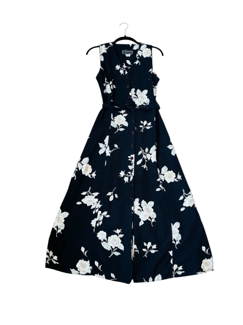 Vintage ED Michaels Black Floral Midi Dress Fairly Grunge Retro Feminine Size 8